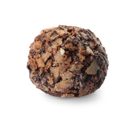 Delicious chocolate candy with waffle crumbles isolated on white