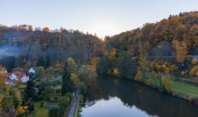 Colorful town Loket in autumn over Eger river in the Sokolov District in the Karlovy Vary region of...