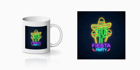 Glowing neon fiesta holiday sign for cup design. Mexican festival design with maracas, sombrero hat and cactus in neon style on mug mockup. Vector shiny design element