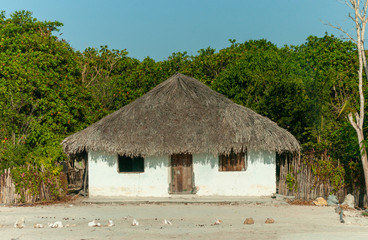 Fototapeta na wymiar ypical thatched house, where part of the native population lives in the Lençois Maranhenses National Park, Barreirinhas, Maranhao, Brazil on October 13, 2006