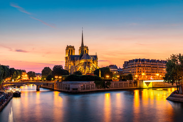 Notre Dame de Paris cathedral, France. Notre Dame de Paris Cathedral, most beautiful Cathedral in Paris. Picturesque sunset over Cathedral of Notre Dame de Paris, destroyed in a fire in 2019, Paris.