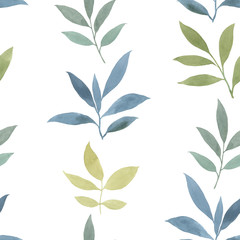 A pattern of herbs, branches and leaves for high resolution print. Seamless pattern painted by watercolor on a white background. Ornament for print and packaging. Suitable for textile