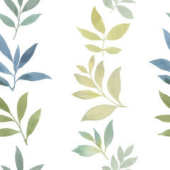 Seamless watercolor pattern. Hand painted leaves of different colors on a white background..Watercolor painted leaves..