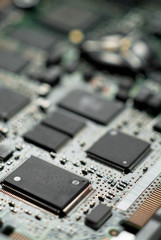 A close up of a computer microchip board.