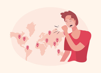 Man coughing and covid 19 virus over map vector design