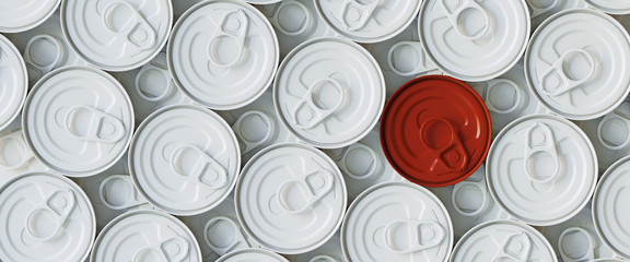 Abstract background for danger expired concept. Red and white tin can with pull ring. 3d rendering illustration.