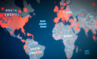 Coronavirus worldwide spread map. Coronavirus red dots over the world map. 2019-ncov pandemic concept