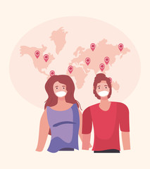 Man and woman with mask and covid 19 virus over map vector design