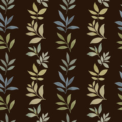 Fototapeta premium Seamless watercolor pattern. Drawn leaves and butterflies on a dark background. Ornament for background and print. drawn leaves of different shades. art decor