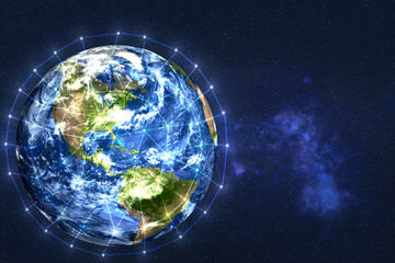 Earth planet of solar system. Data exchange and global network over the world. Science fiction wallpaper. Elements of this image were furnished by NASA.