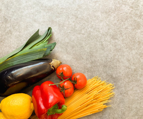 Crisis food products for isolation period. Macaroni, oil, canned food, vegetables, sugar, oatmeal, millet, lemons, ginger. Food Delivery, Donation, Coronavirus Quarantine.