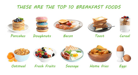 Set of different delicious dishes for breakfast on white background