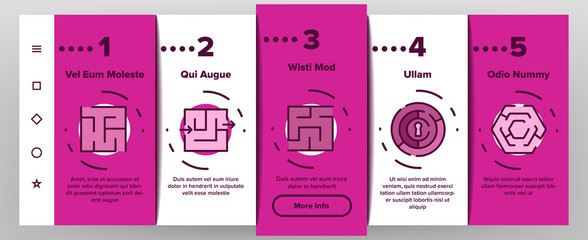 Maze Puzzle Different Onboarding Icons Set Vector. Maze Labyrinth Research And In Human Head, Direction And Locked, Keyhole And Heart Shape Illustrations