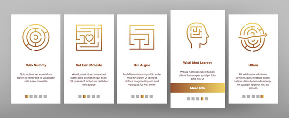 Maze Puzzle Different Onboarding Icons Set Vector. Maze Labyrinth Research And In Human Head, Direction And Locked, Keyhole And Heart Shape Illustrations