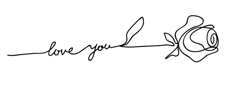 Rose. Stylized flower symbol. Outline hand drawing icon. Decorative element for wedding birthday design with lettering love you.