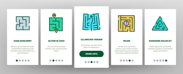 Maze Puzzle Different Onboarding Icons Set Vector. Maze Labyrinth Research And In Human Head, Direction And Locked, Keyhole And Heart Shape Illustrations