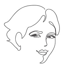 Beautyfull girl face. Attractive young woman portrait female beauty concept. Continuous line drawing. Black and white vector illustration