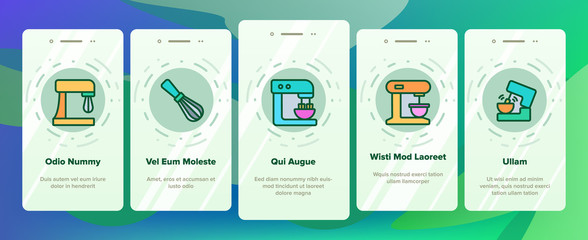 Kitchen Mixer Device Onboarding Icons Set Vector. Professional And Domestic Mixer Electronic And Manual Equipment For Cooking Illustrations