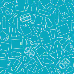 Plastic waste, ocean pollution seamless pattern vector illustration. Eco problem water pollution trash contour symbol seamless background. Earth day wallpaiper with single use plastic garbage icons