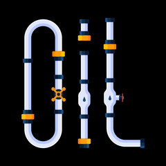 Oil is a creative concept. The word oil is made in a cartoon style of font in the form of pipes.