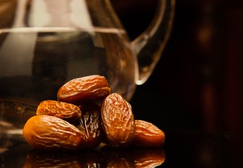 Concept Ramadan. Dates fruits of the table