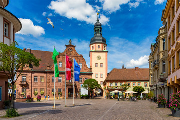 Market square with town hall and town hall tower, Ettlingen, Germany, Black Forest, Baden-Wuerttemberg, Germany, Europe. Downtown of Ettlingen town in Baden Wurttemberg, Germany.