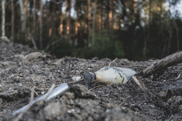 Garbage in the forest, empty bottles