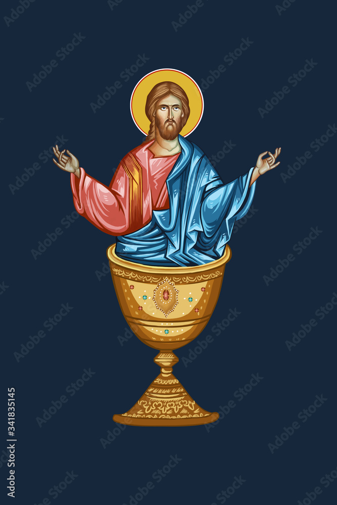 Wall mural heaven liturgy. jesus in the communion bowl. religious illustration in byzantine style