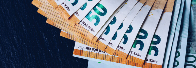 Euro money, Euro cash background. Banknotes of the european union. Euro cash. Many Euro banknotes of different values.