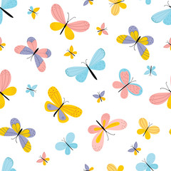 Hand drawn butterflies. Seamless pattern on a white background