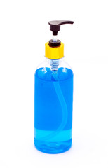 Hand gel in blue bottle on white background