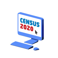 Accessing the Census 2020 website on a blue computer, keyboard and mouse, on isolated white background - 3d illustration