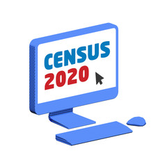 Accessing the Census 2020 website on a blue computer, keyboard and mouse, on isolated white background - 3d illustration