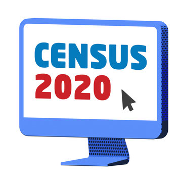 Accessing the Census 2020 website on a blue computer,  on isolated white background - 3d illustration