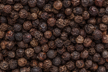 Peppercorn background. Dry black pepper seeds. Top view. Flat design. Macro spice background