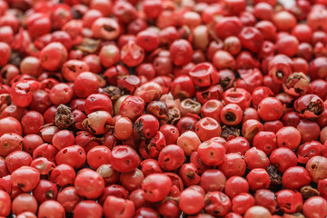 peppercorns red.Close up of Rainbow colourful peppercorns on a black slate background