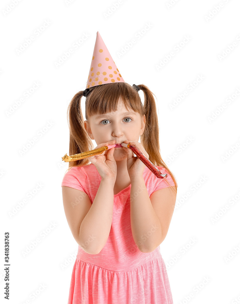 Wall mural little girl celebrating birthday on white background