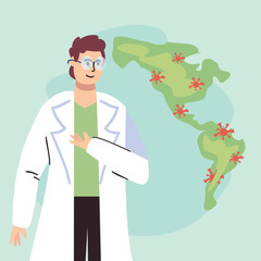 Man doctor with glasses and covid 19 virus over map vector design