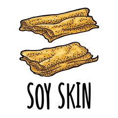 Soybean pod close and open with leaves and seeds. Vector black vintage engraving