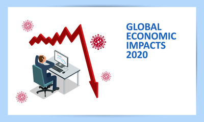 Isometric global economic impacts 2020. Coronavirus or COVID-19 pandemic global impact. Closed border, collapsed world market and economic crisis, panic and food shortages, distance work and studying.