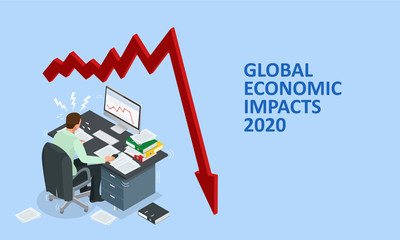 Isometric global economic impacts 2020. Coronavirus or COVID-19 pandemic global impact. Closed border, collapsed world market and economic crisis, panic and food shortages, distance work and studying.