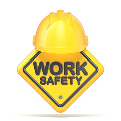 Yellow plastic helmet and WORK SAFETY sign 3D