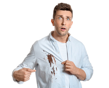 Troubled Man In Dirty Clothes On White Background