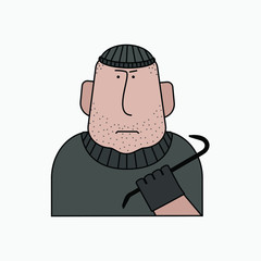 Vector character - villain. Man in gloves with crowbar - thief, thug
