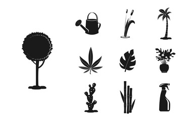 House plants and flowers icon set with tree, bamboo, palm isolated illustration elements