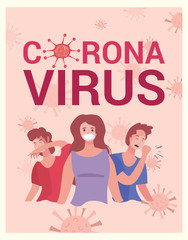 Woman with mask men coughing and sneezing coronavirus vector design