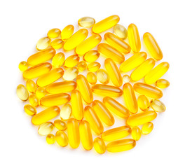 Fish oil capsules on white background