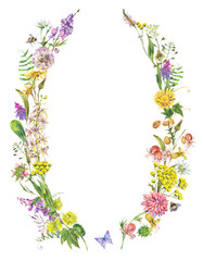 Vintage watercolor summer meadow wildflowers wreath.