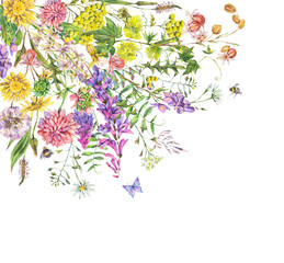 Vintage watercolor summer meadow wildflowers greeting card