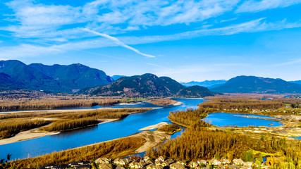 The Fraser River as it flows though the  Coast Mountain range past the town of Chilliwack in the Fraser Valley of British Columbia, Canada